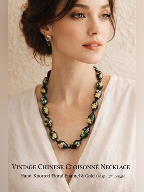 Vintage Chinese Cloisonné Necklace Black Floral Enamel Hand-Knotted Gold Clasp
